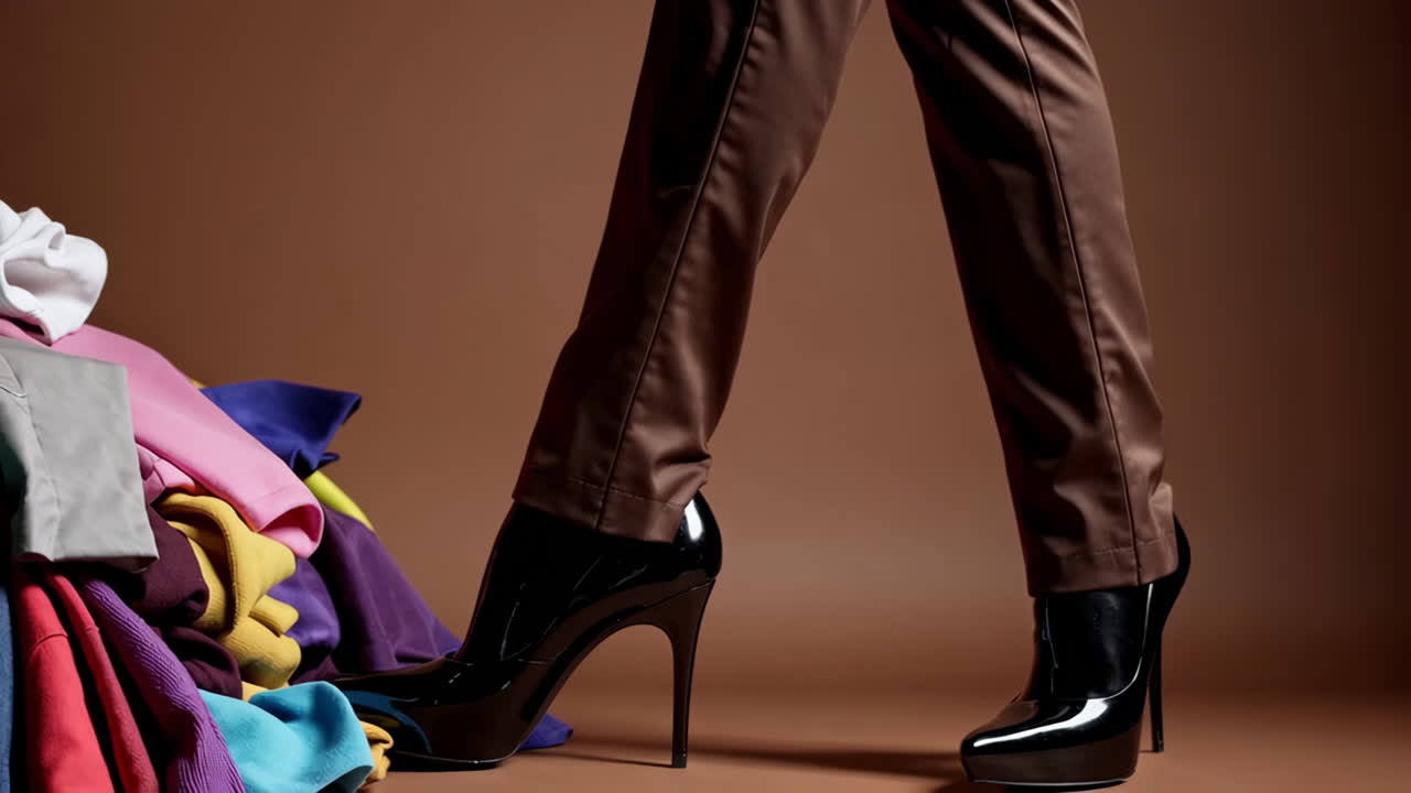 Person in high heels and brown pants standing near a pile of colorful clothes