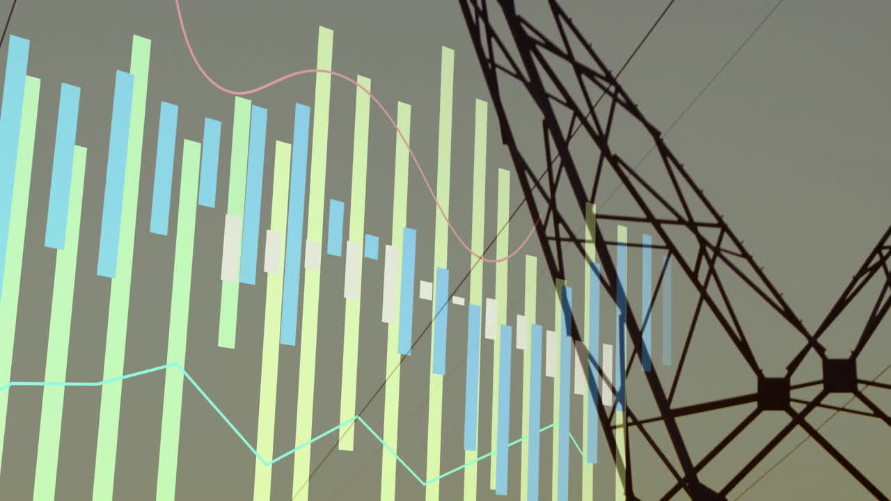Steel lattice tower standing right over pastel bars and light line graphs overlaying flat design