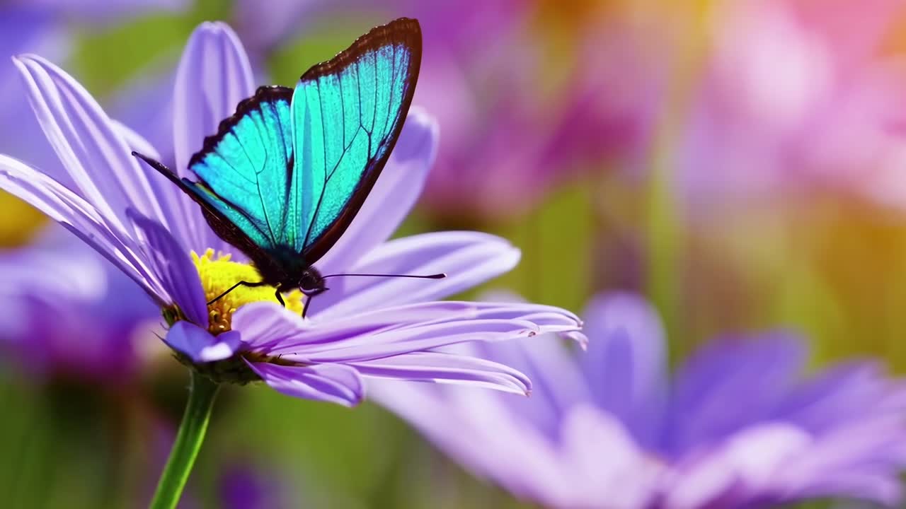 Video ravvicinato con angolazione della camera di una vivace farfalla blu su un fiore viola, con uno sfondo sfocato