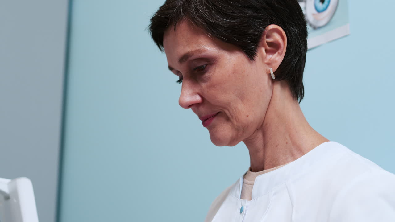 oftalmólogo ajustando el fotóptero