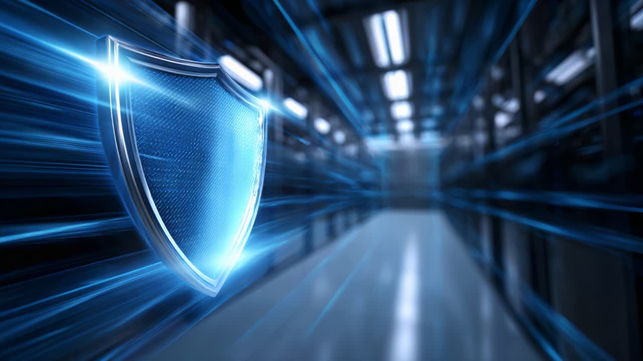 Dynamic Digital Security: A Blue Shield Symbolizing Protection Against Cyber Threats in a Futuristic Data Center Environment