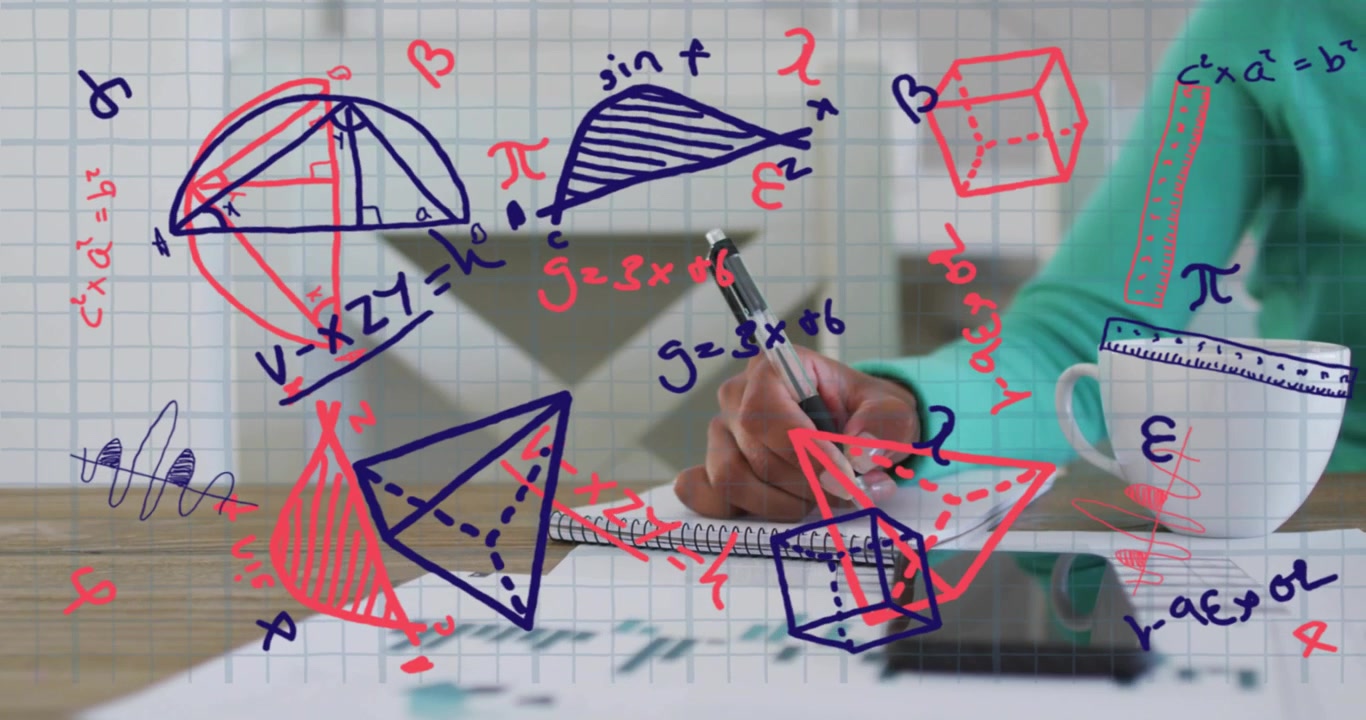 Hand entering and writing math equation while aligning with geometric shapes on transparent grid