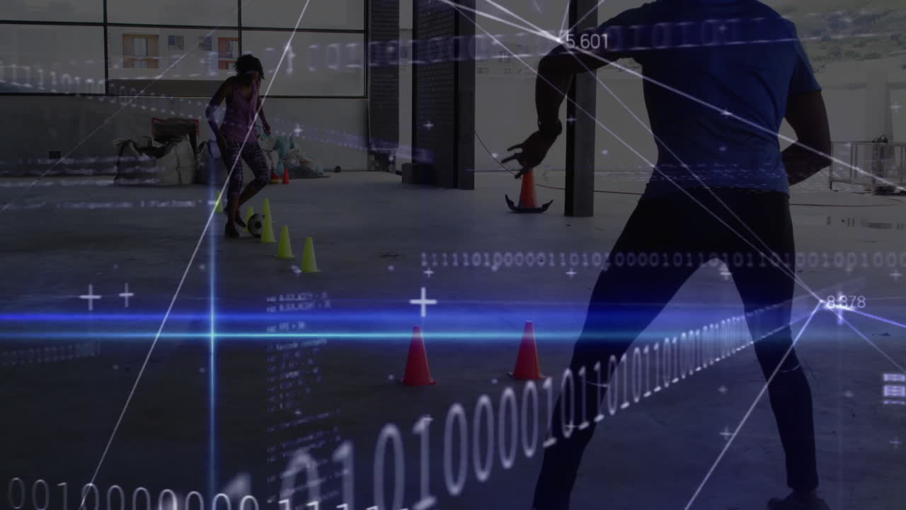 Binary code and data processing animation over people exercising in gym