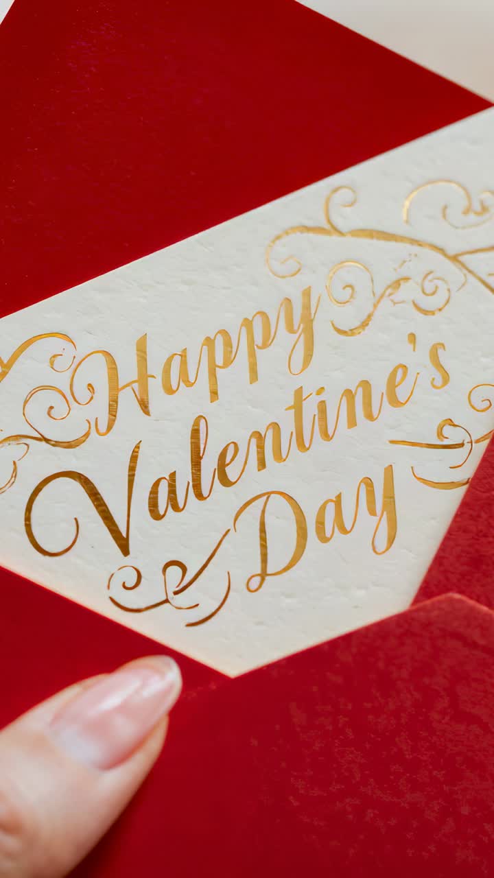縦型動画：赤い封筒を指でタップしてテーブルの上をスライドさせ、金箔で「Happy Valentines Day」と表示されます。