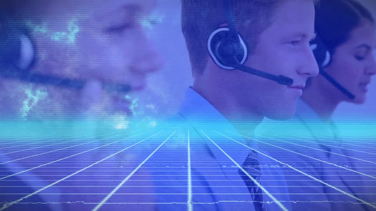 Animation of light and lines over business people wearing headsets