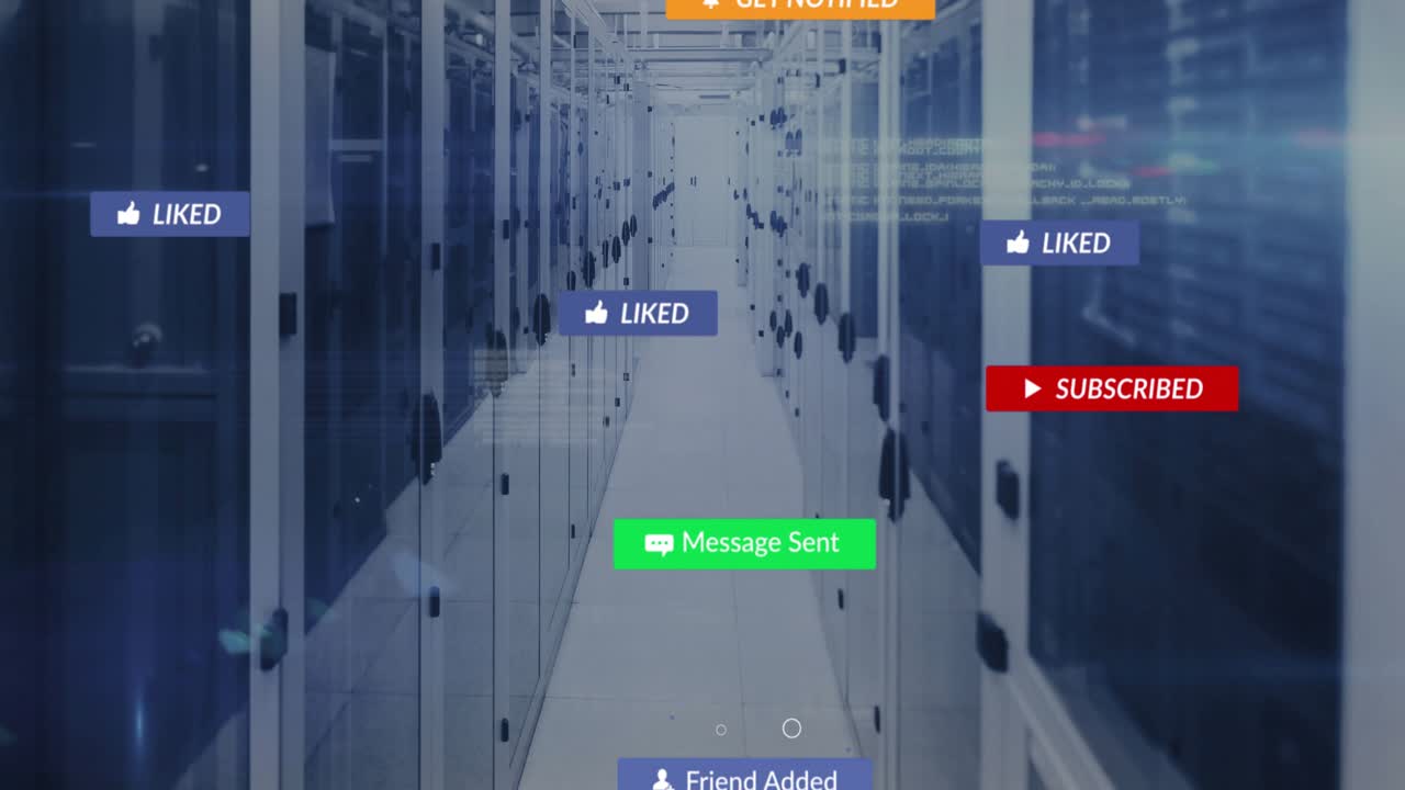 Cursor clicking left badge, alert icons popping and flowing through server aisle, showing overlays