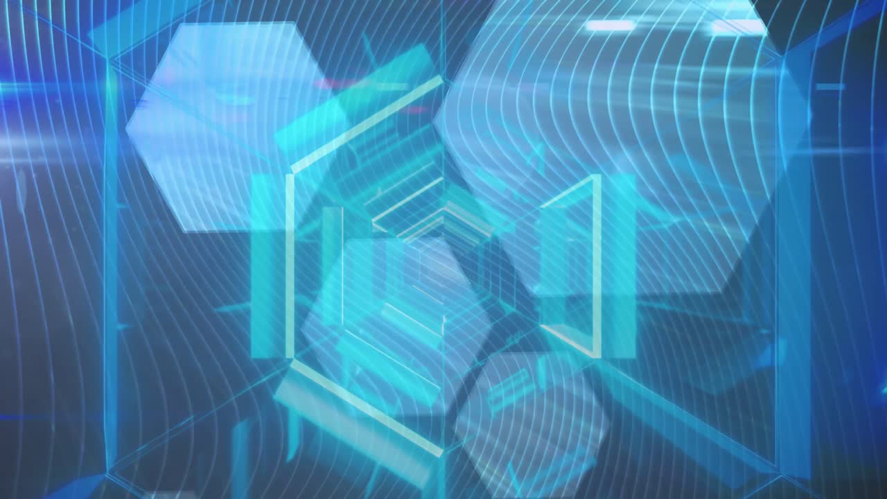 파란색 배경의 육각형 모양에 맞춰 파란색으로 빛나는 터널의 디지털 애니메이션