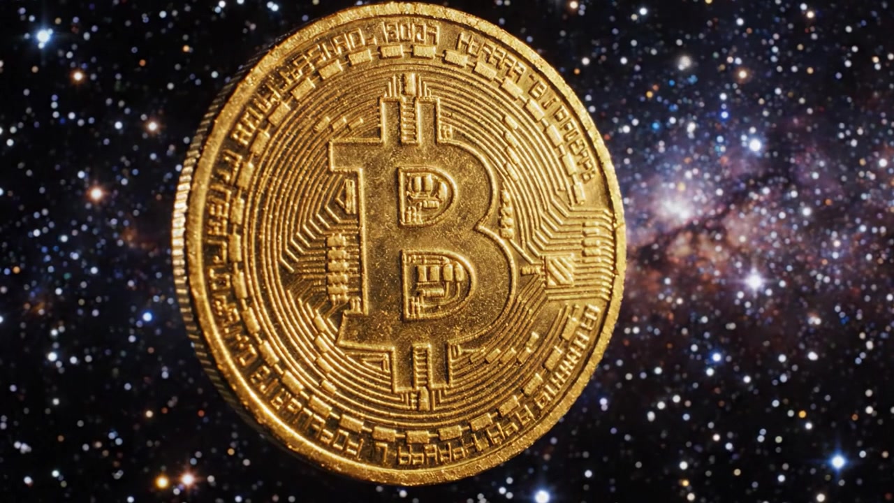 Una moneta Bitcoin scintillante sospesa nello spazio galattico, che mostra l'intersezione tra criptovaluta e immaginario cosmico nella finanza digitale moderna