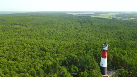 aerial view of the stilo lighthouse surrounded by lush green foliage in osetnik, poland, on the polish coast of the baltic sea - drone shot