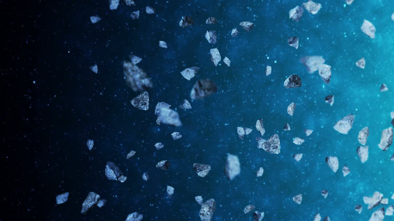 깊은 우주 배경에서 많은 소행성을 날아. 깨진 스플래시 폭발. 별빛 하늘. 돌고 있는 운석의 3d 애니메이션. 루프 애니메이션.