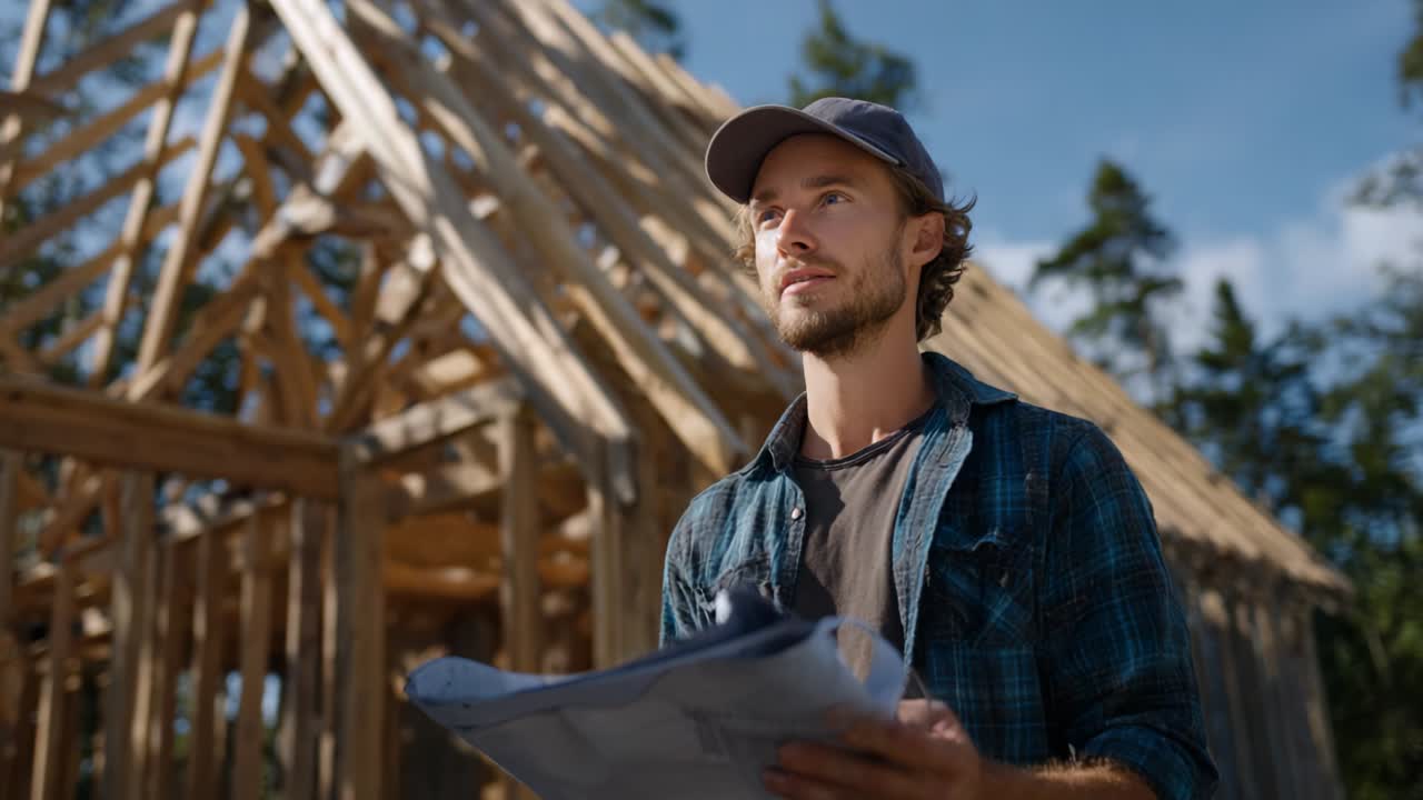 A focused builder examines blueprints with determination, standing amidst a partially constructed wooden structure under a clear blue sky, showcasing his commitment to craftsmanship and project oversight