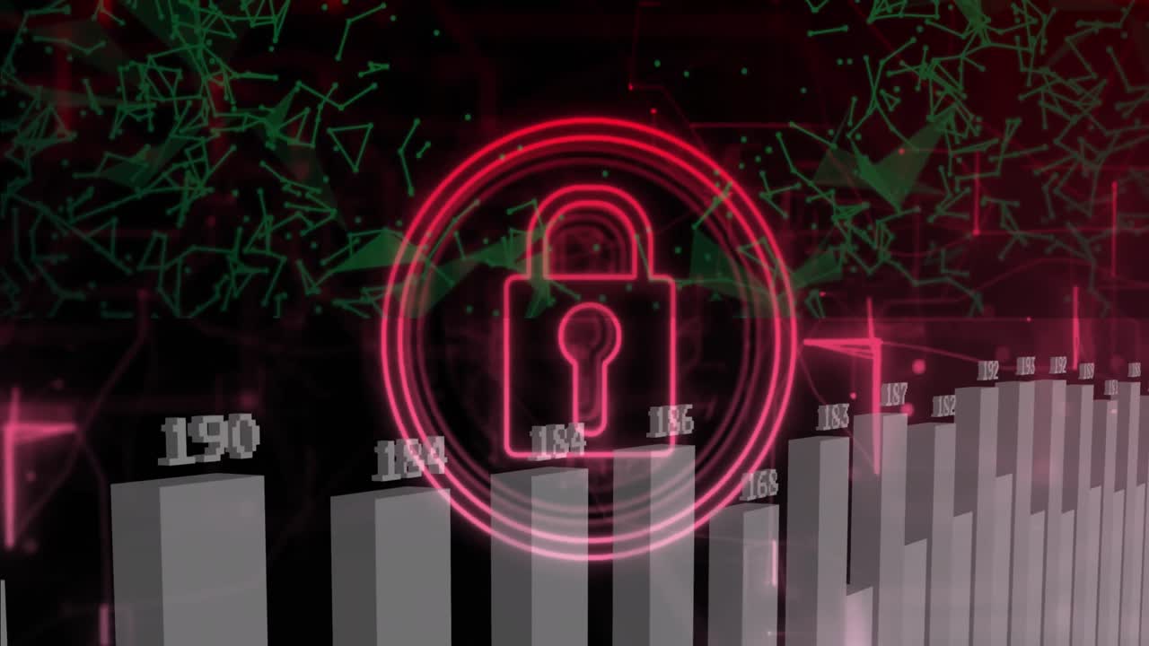 animación del icono del candado de seguridad sobre el procesamiento de datos estadísticos y las redes plexus.