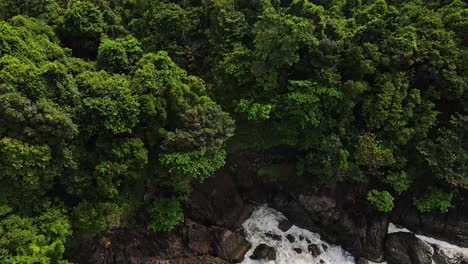 Birdseye-aerial-view-above-lush-green-treetop-canopy-rocky-splashing-coastal-landscape-tilt-up-to-Thailand-horizon