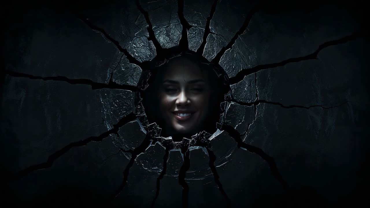 A woman smiles through a hole in shattered glass