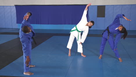 practicing judo, group of athletes stretching in dojo before training session