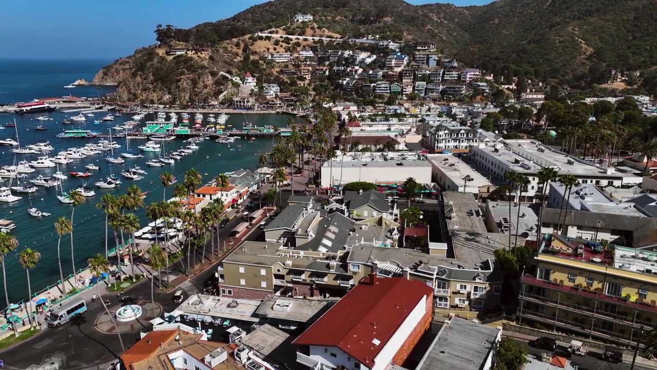 Vista aerea della città portuale dell'Isola di Catalina con barche e creste costiere in California.