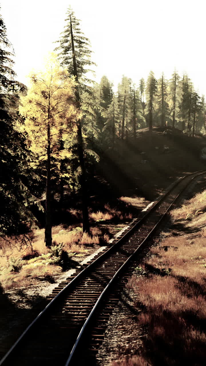 rayos de sol que fluyen a través de los árboles a lo largo de las vías del ferrocarril