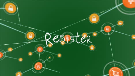 animation of network of connections with icons over register text on green background