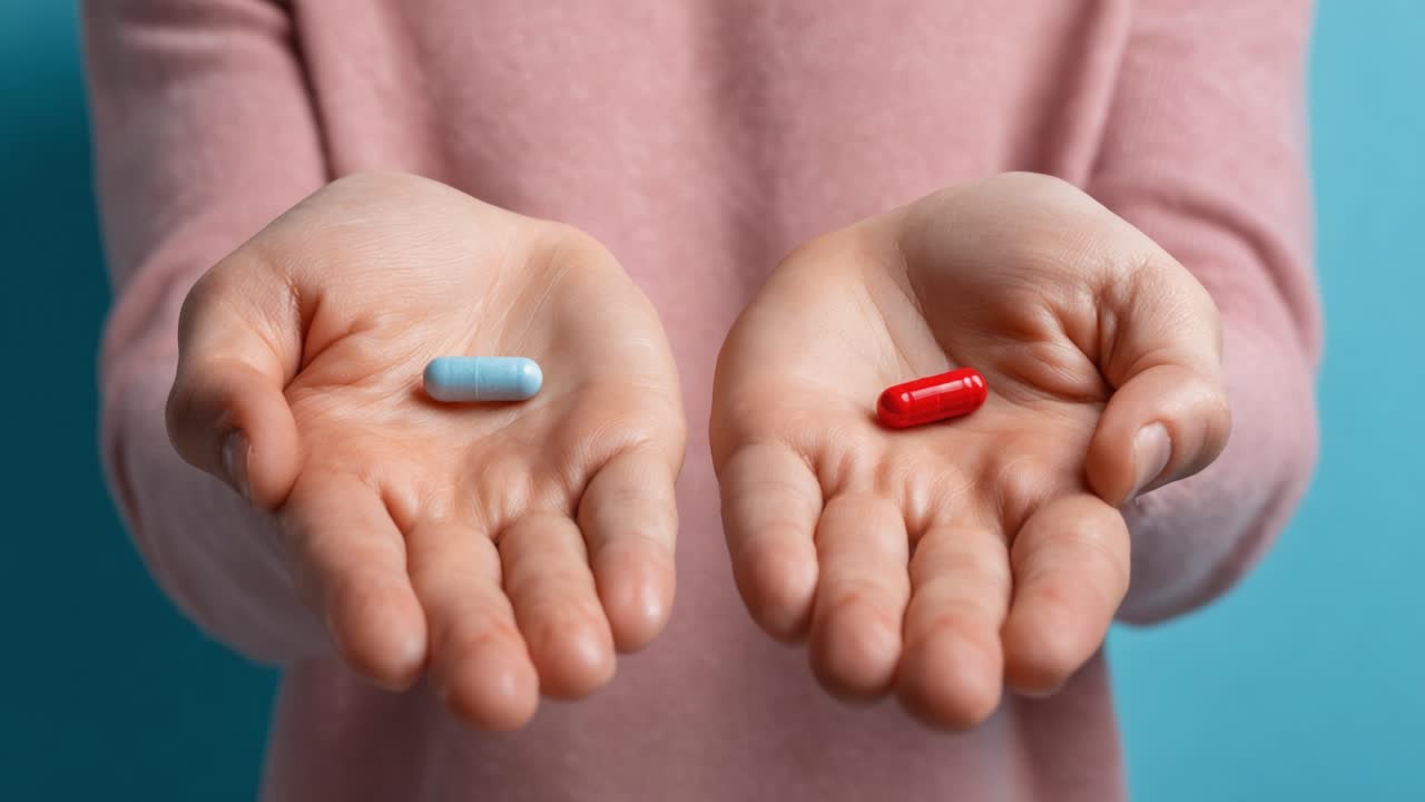 A Close-Up Comparison of Two Capsules: Blue and Red Pill Held in Hands Against a Soft Blue Background, Symbolizing Choices, Decisions, and Distinct Options