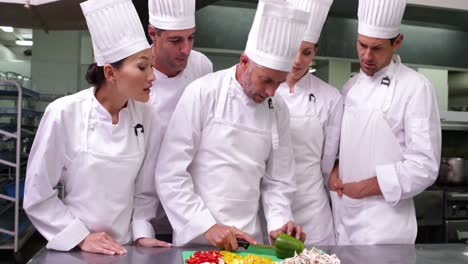 equipo de chefs viendo al jefe de cocina cortando verduras