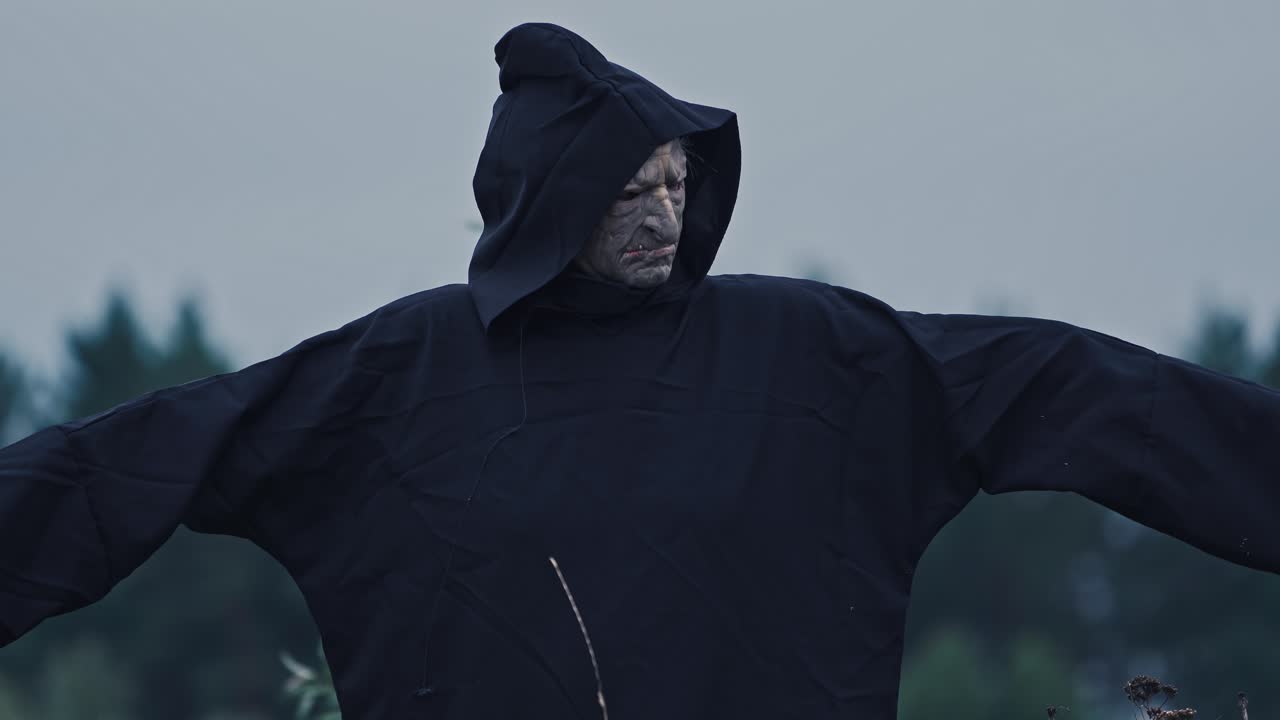 Mysterious dark demon outdoors. Scary face of ghost evil in black costume with hood on blur trees background. Halloween concept.