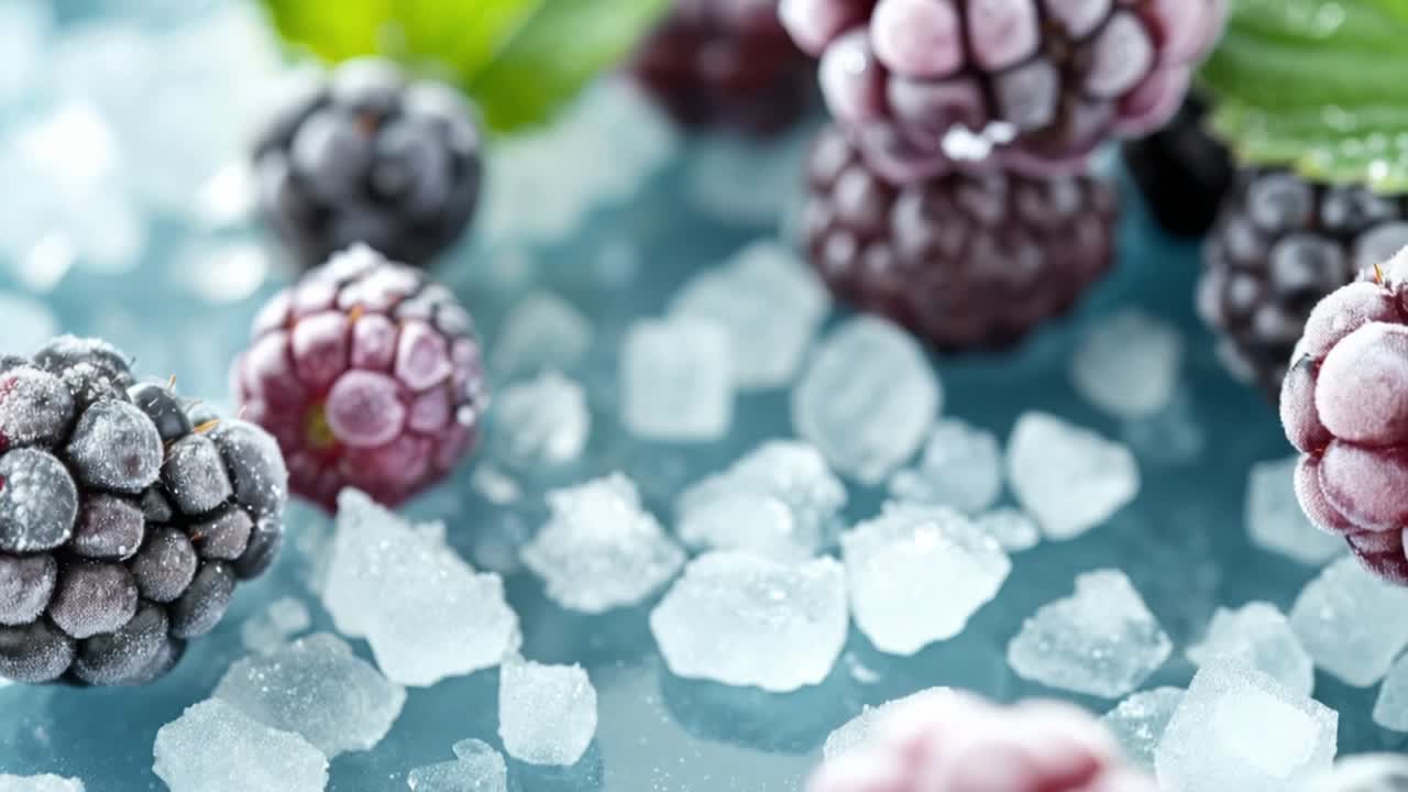 Frozen blackberries glistening with ice crystals, showcasing deep purple hue and providing cool, nutritious summer snack for blending or topping desserts