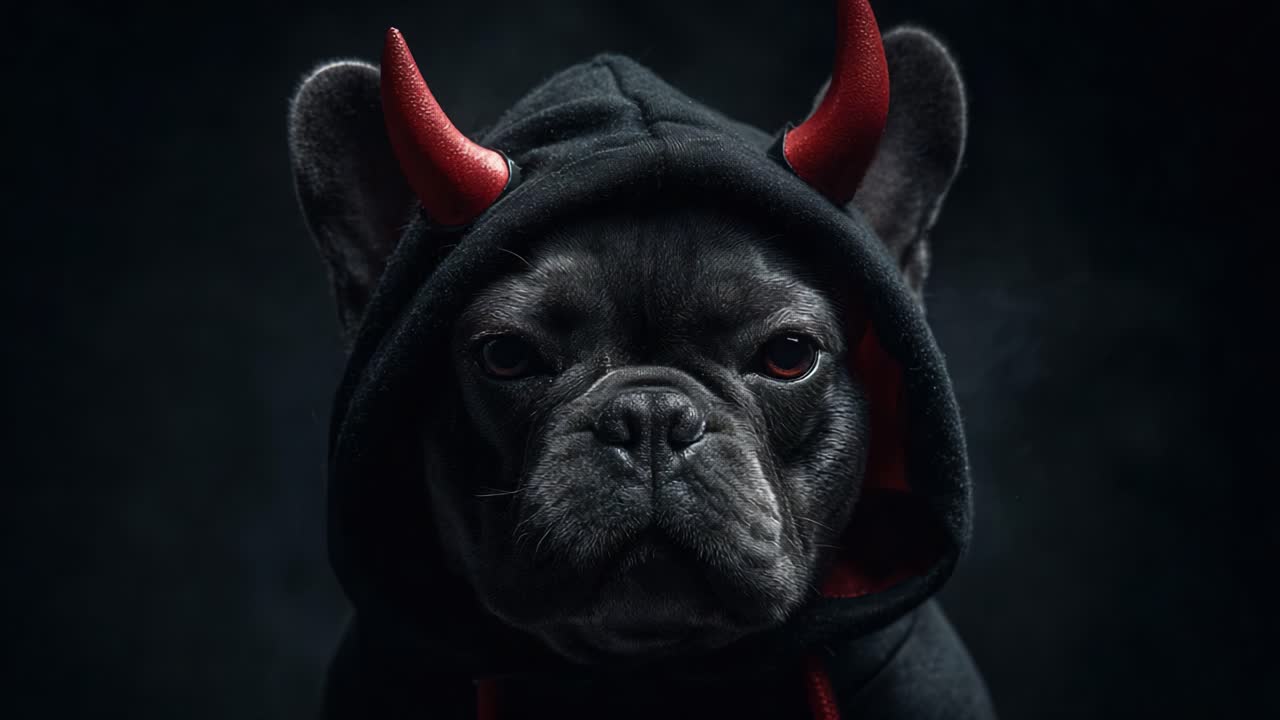 Groźny buldog francuski z diabelskimi rogami i w bluzie z kapturem wpatruje się intensywnie, emanując wyjątkową mieszanką słodyczy i psot w mrocznej atmosferze