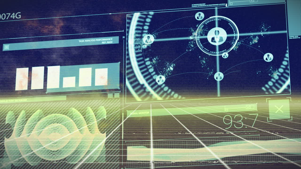 파란색과 노란색 공간에서 디지털 화면에서 다양한 데이터 처리의 애니메이션