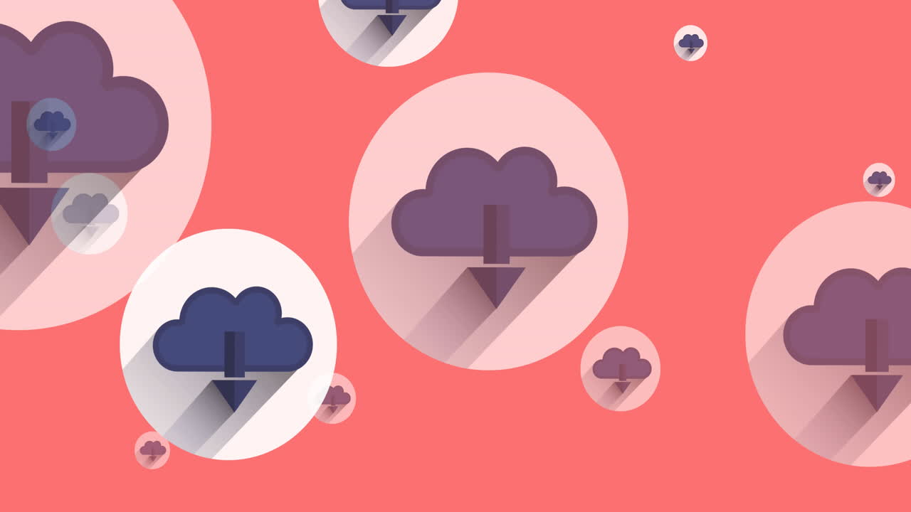 Animation of online clouds and arrow icons moving on pink background