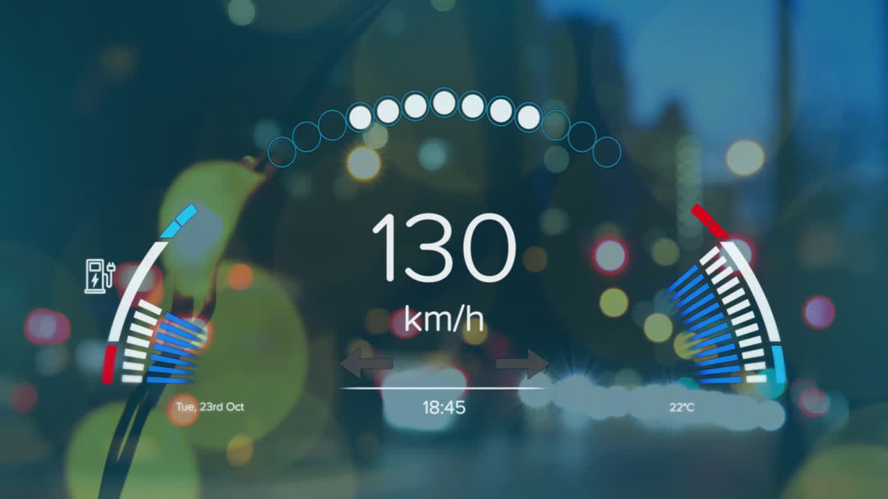 animación de números cambiantes en el velocímetro sobre vehículos borrosos que se mueven por la calle en la ciudad