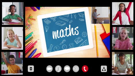 animation of interface screen with text, maths, teacher and six diverse children in online lesson