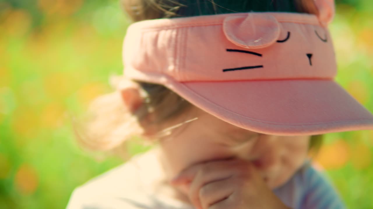 niño soñoliento, triste e infeliz frotándose los ojos en un día soleado en el campo florido - primer plano de la cara, cámara lenta