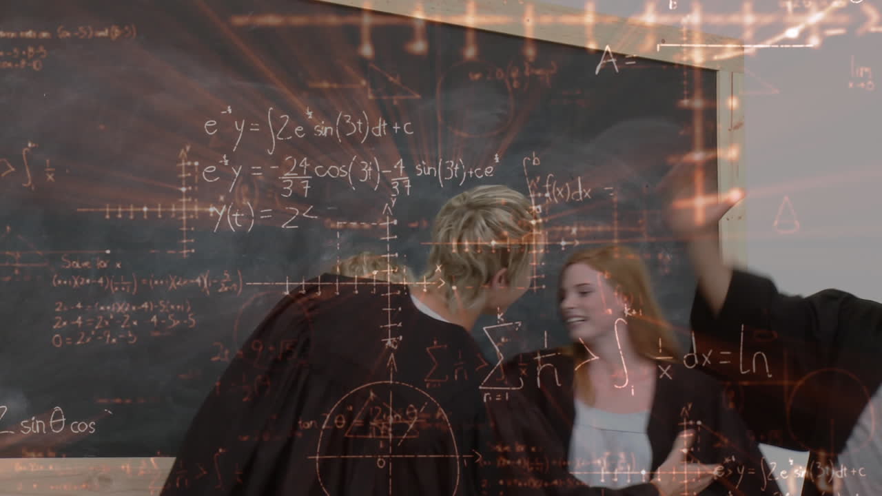 애니메이션 수학 기호로 둘러싸인 교실의 젊은 졸업생들