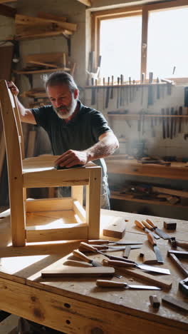 a craftsman sanding a wooden chair in his workshop