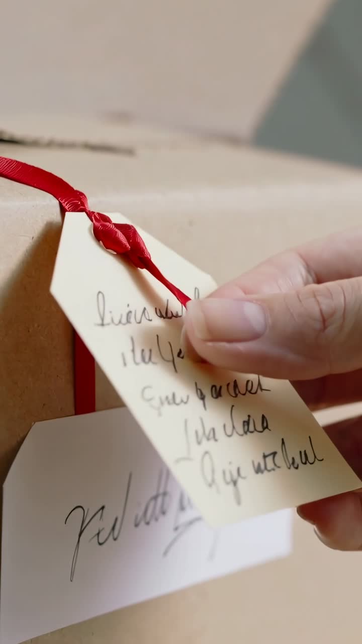 Persona che prende un pacco, solleva l'etichetta per rivelare una carta, ruota e stringe un nastro per una confezione al dettaglio.