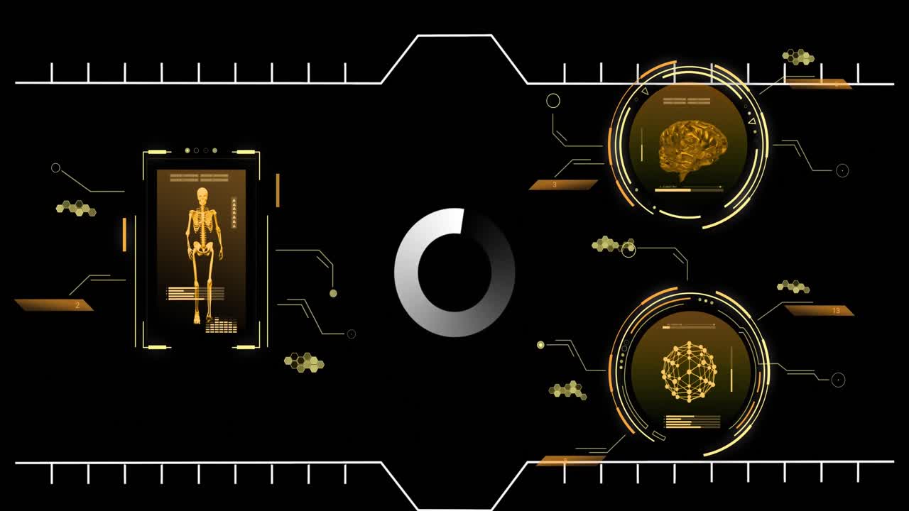 animación del procesamiento de datos y círculo sobre fondo negro.