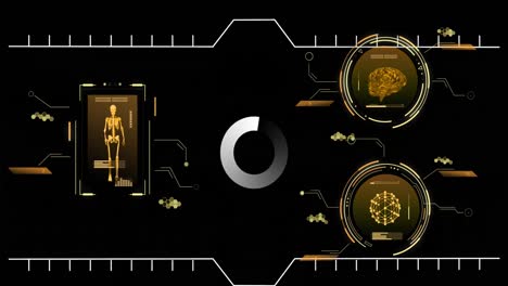 animación del procesamiento de datos y círculo sobre fondo negro.