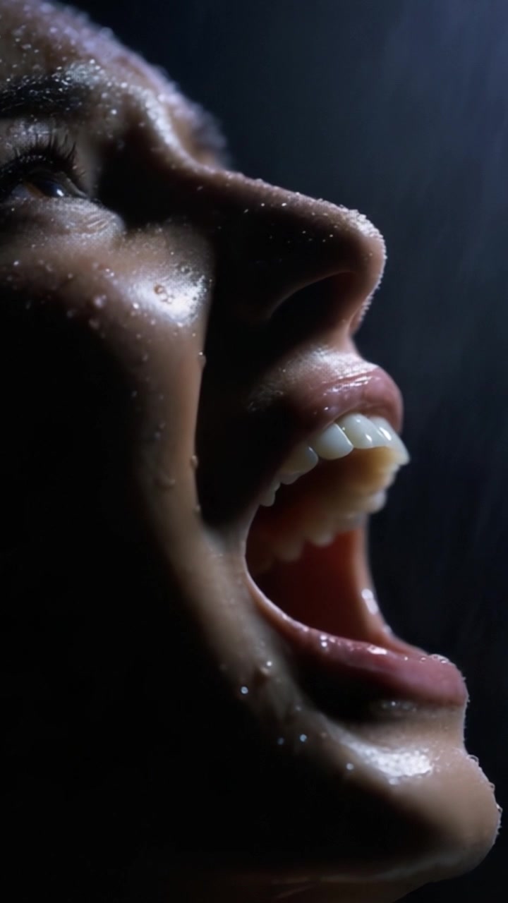 Powerful Emotion Captured in Close-Up of Face Under Rain; Expression of Anguish and Release, Water Droplets Enhance the Intensity of the Moment