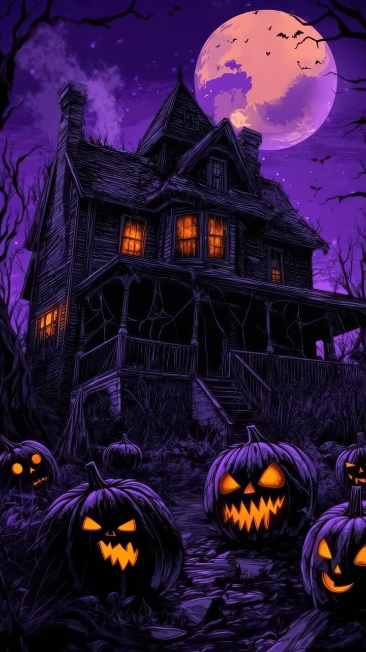 Eerie Halloween scene with a low-angle view of a haunted house, glowing pumpkins, and a full moon