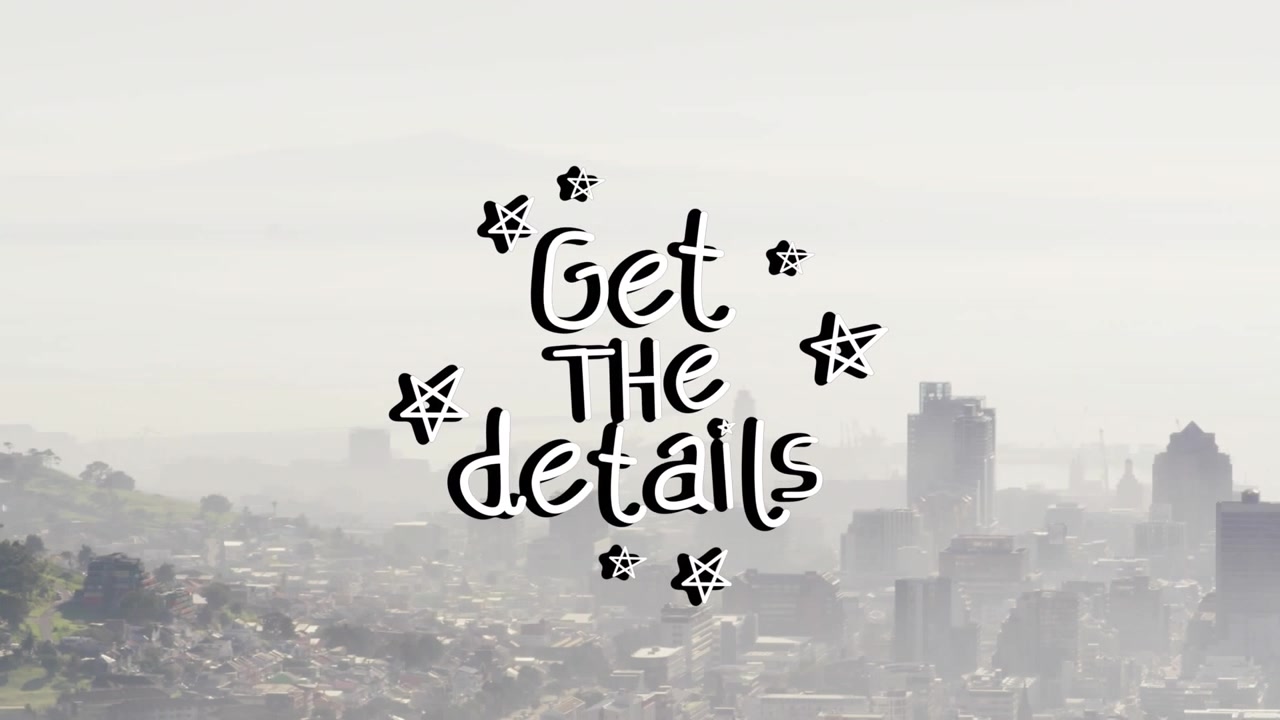Animation of get the details text in stars over aerial view of city against cloudy sky