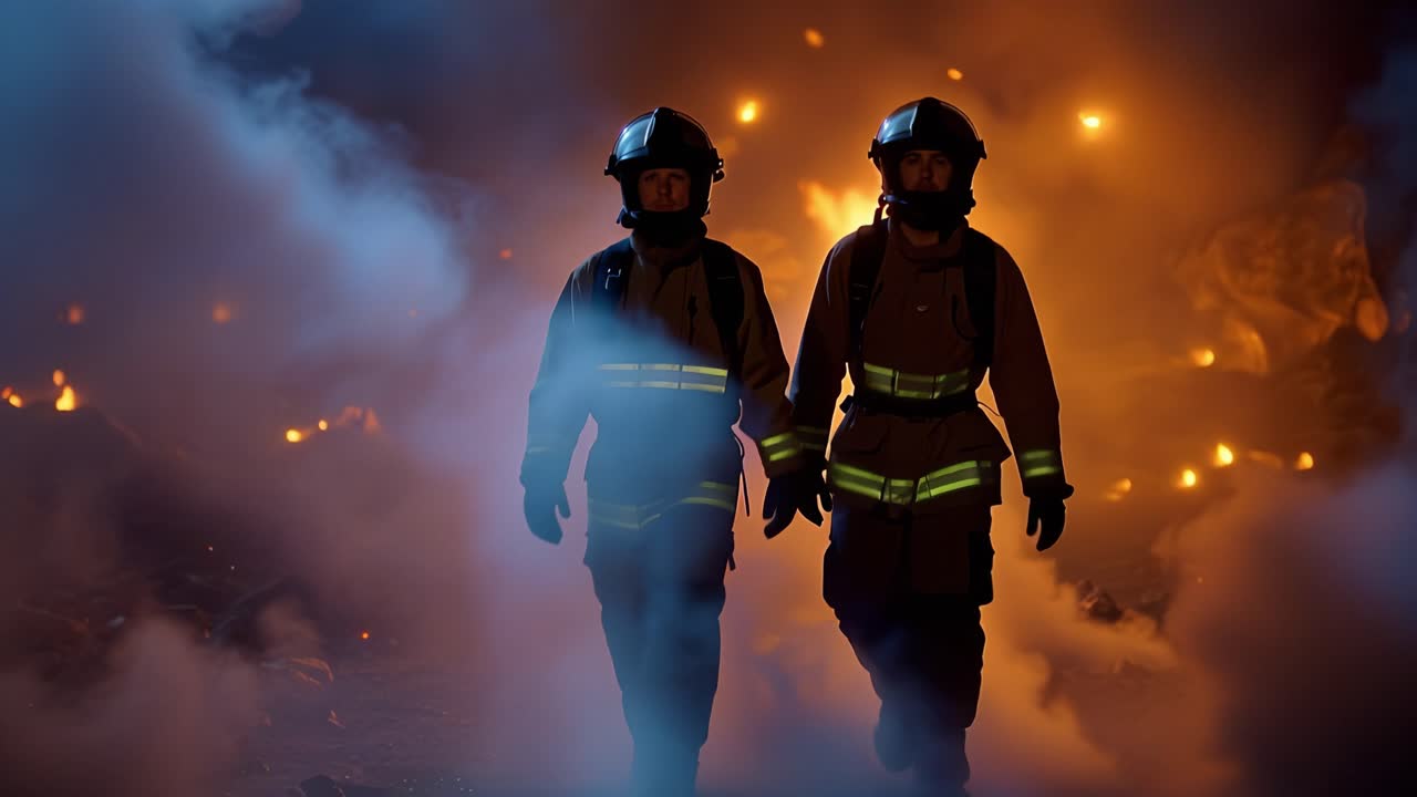 Two brave firefighters walk through smoke and flames, showcasing their courage and dedication while responding to an emergency incident at night