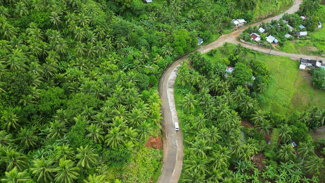 furgoneta blanca conduciendo a través de una carretera vacía y pintoresca en el medio de una isla tropical con exuberantes palmeras y aldeas
