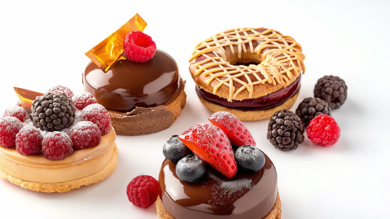 Overhead view of artisan small cakes featuring chocolate drizzle, colorful berry garnish, and golden caramel decorations arranged in stylish repeating pattern against pristine white surface