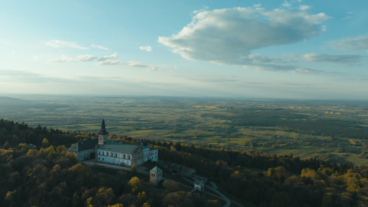 Aerial View of a Monastery and Castle on a Hilltop