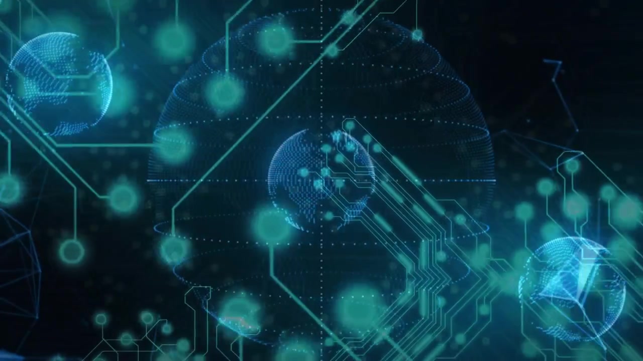 Initial pulse starting central wireframe globe, nodes pulsing along traces visualizing data flow