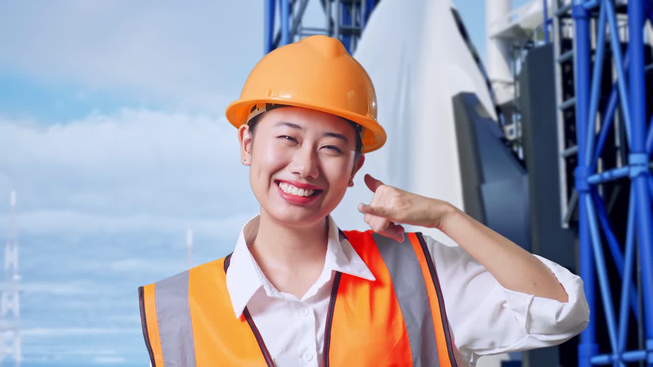 안전 헬을 입은 아시아 여성 엔지니어가 카메라를 향해 미소 짓고 우주왕복선과 함께 서 있는 동안 내게 전화하는 제스처를 하고 있습니다.