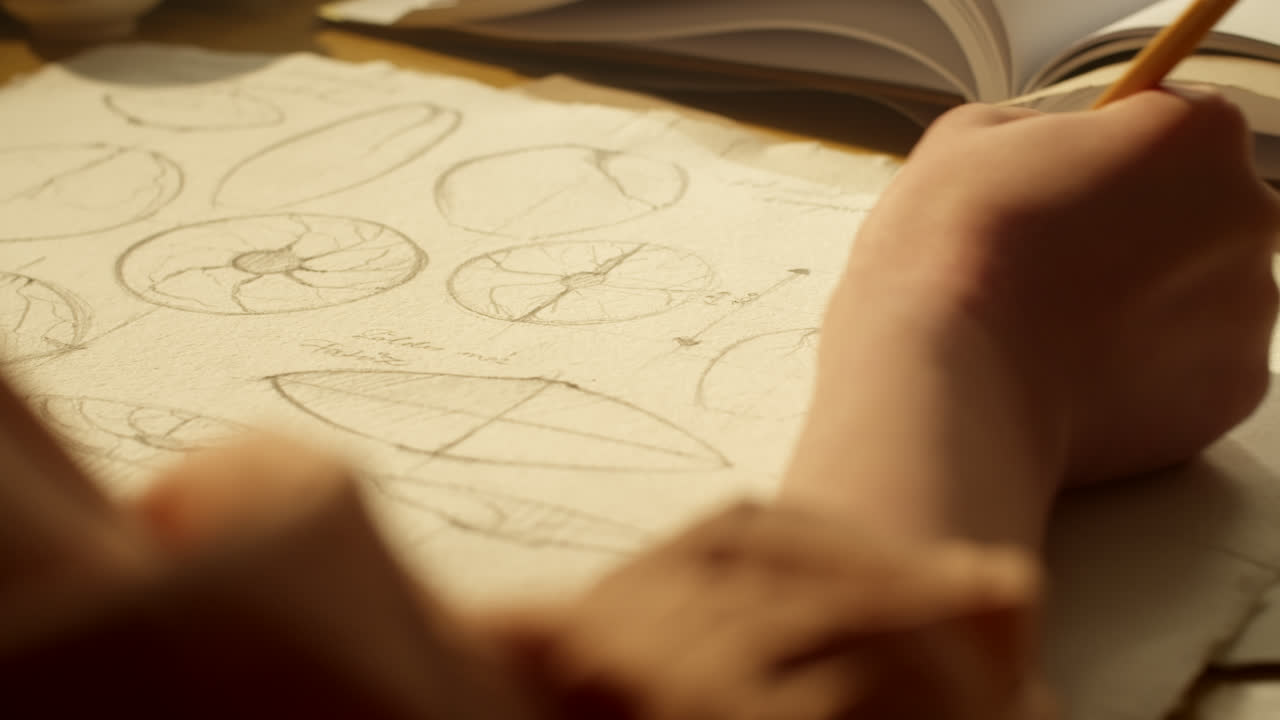 Person drawing sketches of wheels and patterns on paper