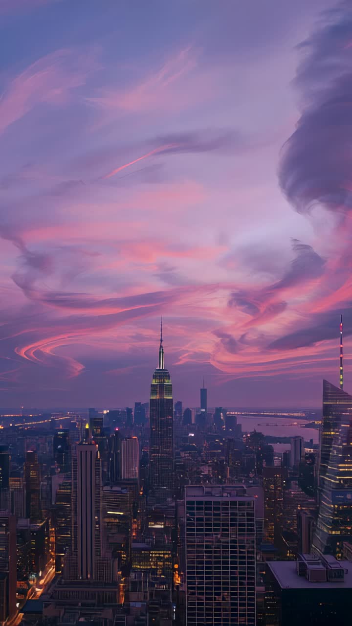 Vídeo vertical: luz do entardecer enviando nuvens rosas à deriva enquanto luzes da cidade brilham do topo da torre