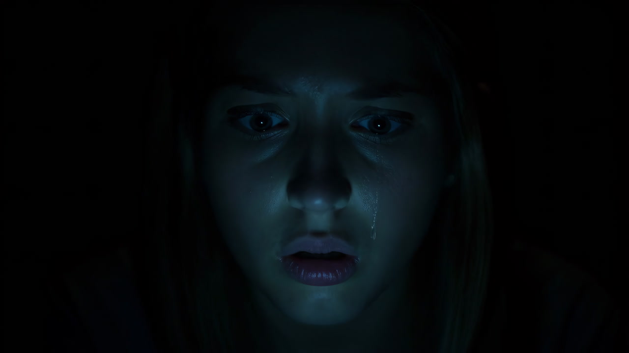 Young Woman's Shocked Reaction to a Screen in the Dark