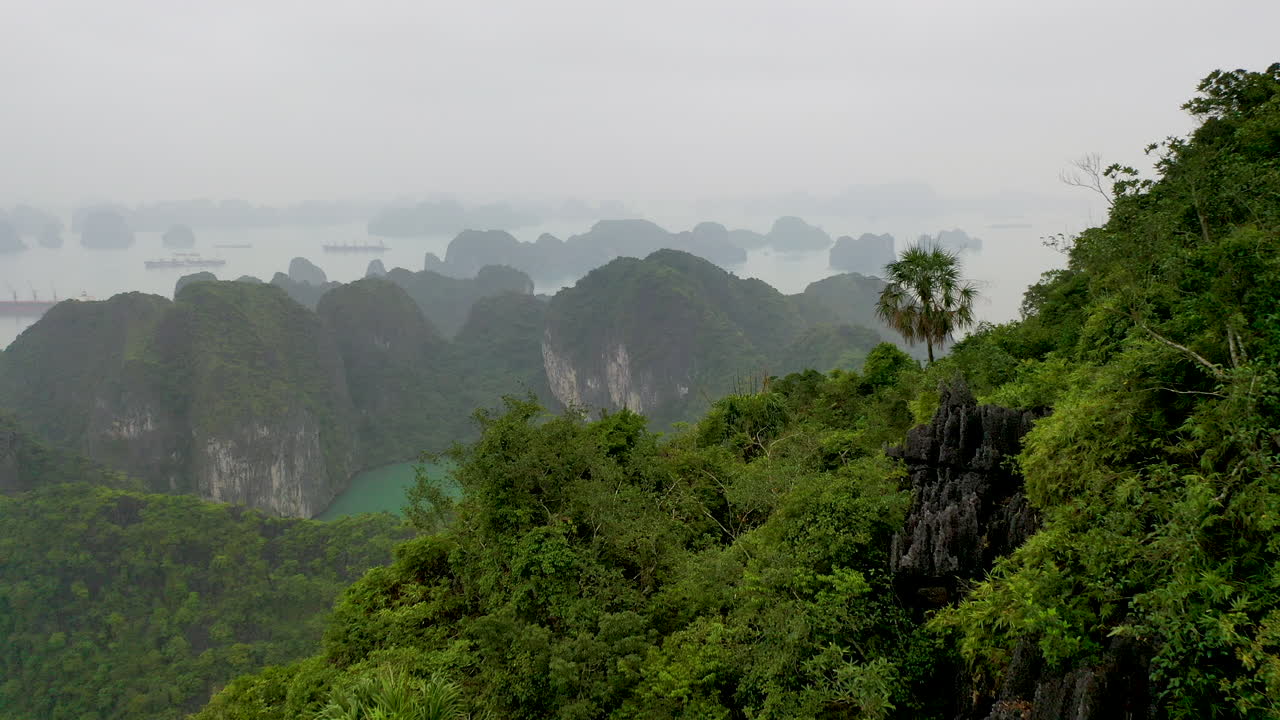 vista aérea panorámica volando sobre la pintoresca bahía de ha long, vietnam